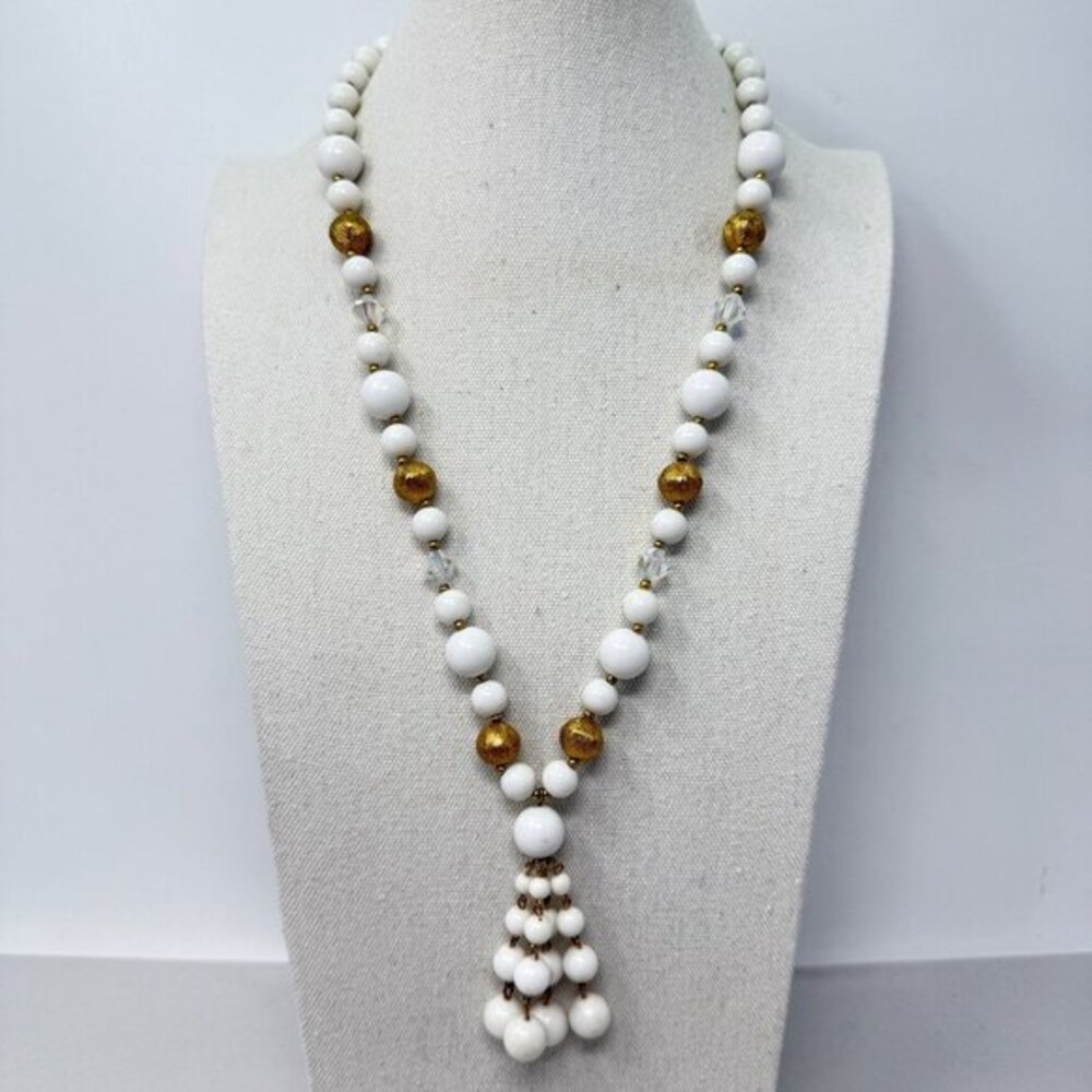 Vintage Chunky Beaded Tassel Necklace White Gold Tone Long Retro Statement‎